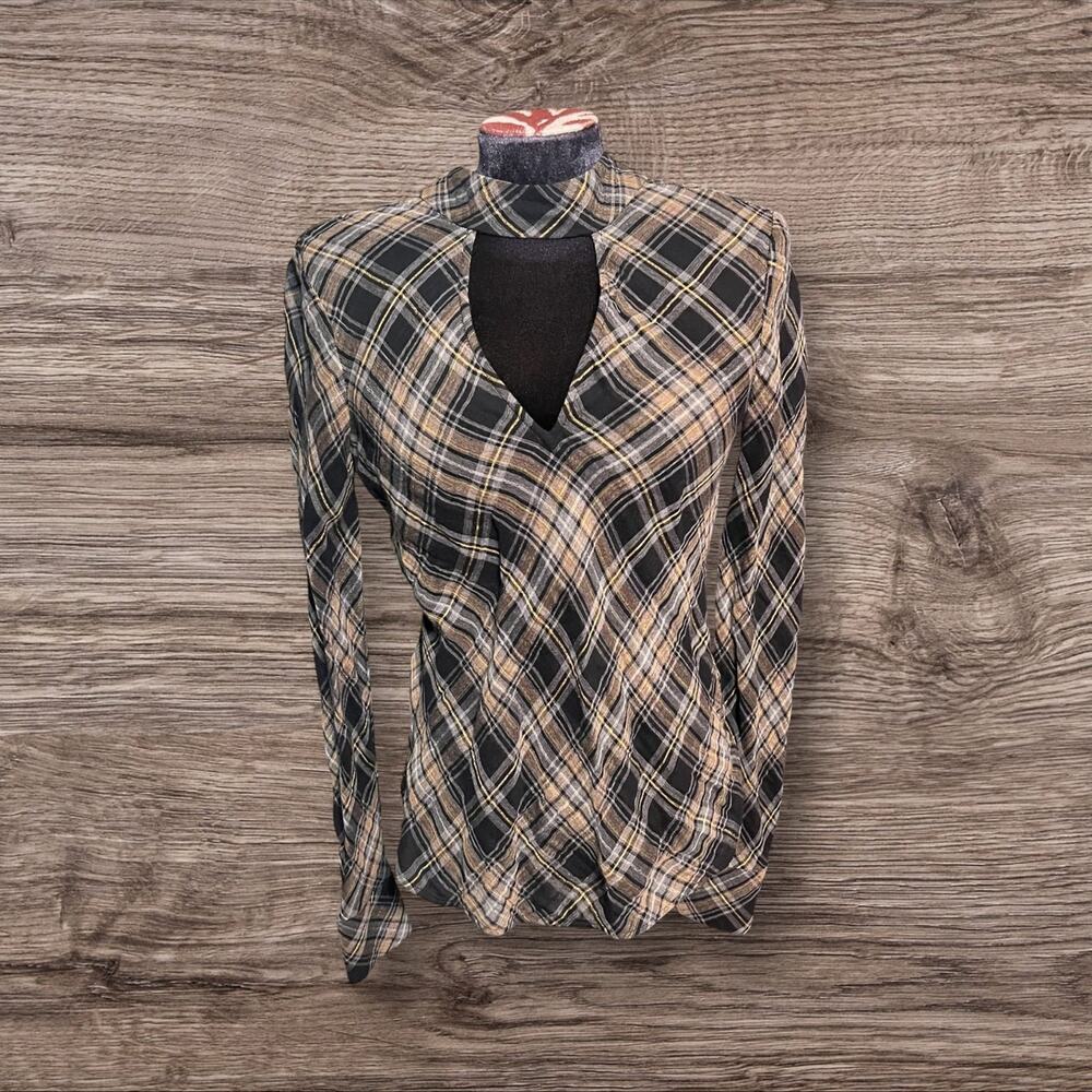 Veronica Beard Plaid Keyhole Blouse Top High Neck Tie Gold Metallic Size 2